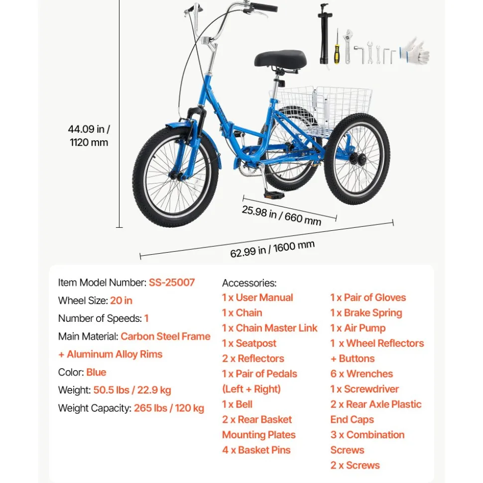 VEVOR Folding Adult Tricycle 20 inch 3 Wheel Foldable Trikes for Adult, Cruiser Bike with Cargo Basket, Adjustable Seat, and Double-Wall Wheel Rims, Shopping Picnic Tricycles for Women, Men, Seniors