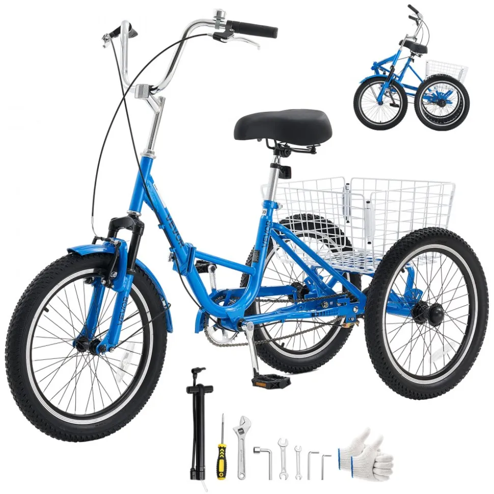 VEVOR Folding Adult Tricycle 20 inch 3 Wheel Foldable Trikes for Adult, Cruiser Bike with Cargo Basket, Adjustable Seat, and Double-Wall Wheel Rims, Shopping Picnic Tricycles for Women, Men, Seniors