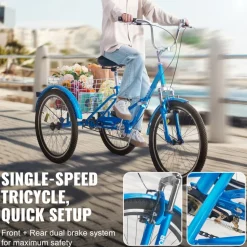 VEVOR Folding Adult Tricycle, 24-Inch Adult Folding Trikes, Carbon Steel 3 Wheel Cruiser Bike with Large Basket & Adjustable Seat, Shopping Picnic Foldable Tricycles for Women, Men, Seniors (Blue)