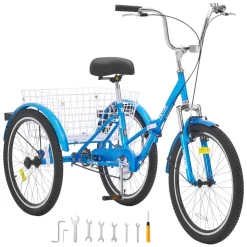 VEVOR Folding Adult Tricycle, 24-Inch Adult Folding Trikes, Carbon Steel 3 Wheel Cruiser Bike with Large Basket & Adjustable Seat, Shopping Picnic Foldable Tricycles for Women, Men, Seniors (Blue)