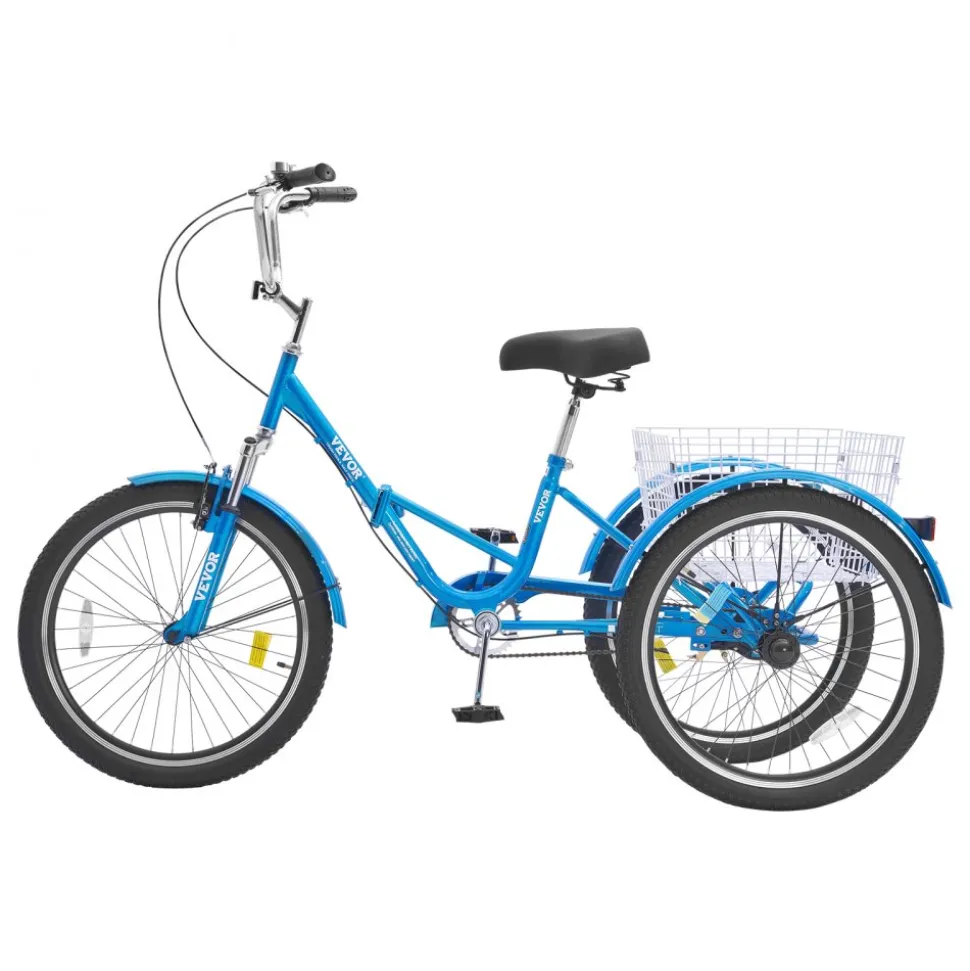 VEVOR Folding Adult Tricycle, 24-Inch Adult Folding Trikes, Carbon Steel 3 Wheel Cruiser Bike with Large Basket & Adjustable Seat, Shopping Picnic Foldable Tricycles for Women, Men, Seniors (Blue)