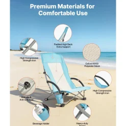 VEVOR Folding Beach Chair, High Back Camping Chairs for Adults, with Cup Pocket, Mesh Back, Carry Bag, Portable Extra Wide Seat Chair 330 lbs Heavy Duty Support, for Outdoor, Camp, Light Blue