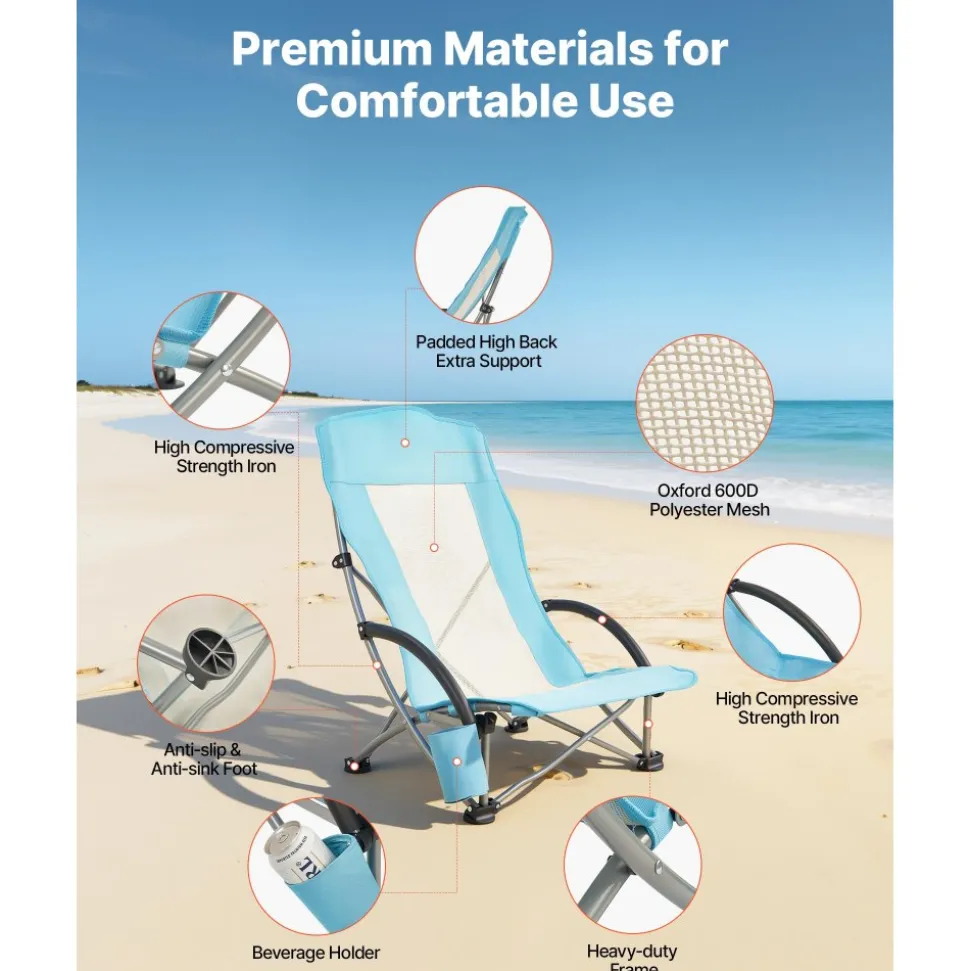 VEVOR Folding Beach Chair, High Back Camping Chairs for Adults, with Cup Pocket, Mesh Back, Carry Bag, Portable Extra Wide Seat Chair 330 lbs Heavy Duty Support, for Outdoor, Camp, Light Blue