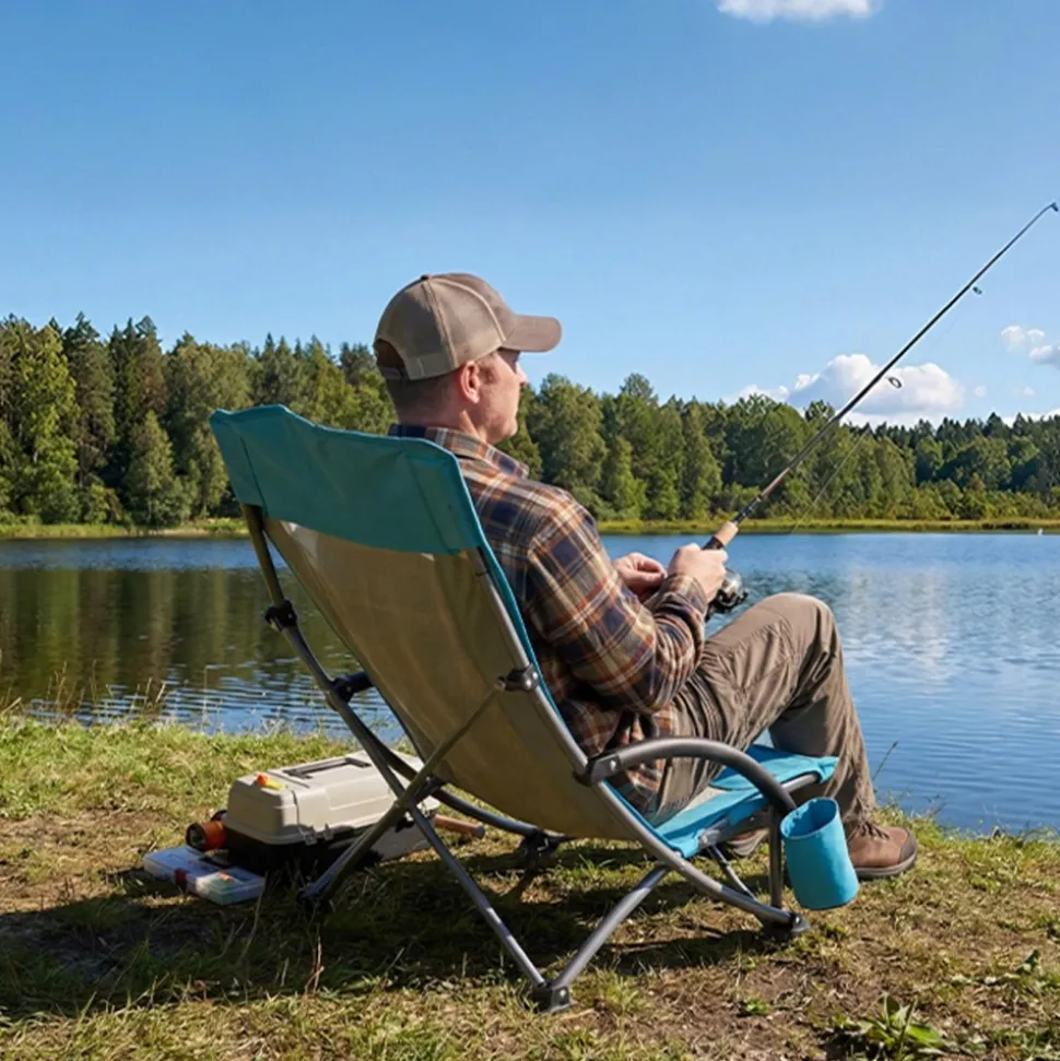 VEVOR Folding Beach Chair, High Back Camping Chairs for Adults, with Cup Pocket, Mesh Back, Carry Bag, Portable Extra Wide Seat Chair 330 lbs Heavy Duty Support, for Outdoor, Camp, Light Blue