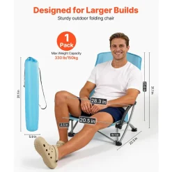 VEVOR Folding Beach Chair, High Back Camping Chairs for Adults, with Cup Pocket, Mesh Back, Carry Bag, Portable Extra Wide Seat Chair 330 lbs Heavy Duty Support, for Outdoor, Camp, Light Blue