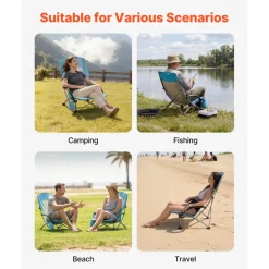 VEVOR Folding Beach Chair, High Back Camping Chairs for Adults, with Cup Pocket, Mesh Back, Carry Bag, Portable Extra Wide Seat Chair 330 lbs Heavy Duty Support, for Outdoor, Camp, Light Blue