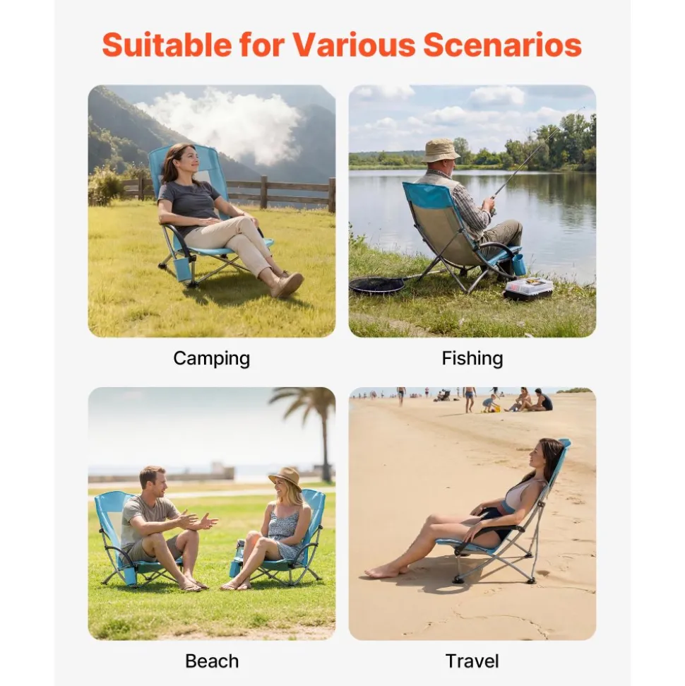 VEVOR Folding Beach Chair, High Back Camping Chairs for Adults, with Cup Pocket, Mesh Back, Carry Bag, Portable Extra Wide Seat Chair 330 lbs Heavy Duty Support, for Outdoor, Camp, Light Blue