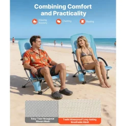 VEVOR Folding Beach Chair, High Back Camping Chairs for Adults, with Cup Pocket, Mesh Back, Carry Bag, Portable Extra Wide Seat Chair 330 lbs Heavy Duty Support, for Outdoor, Camp, Light Blue