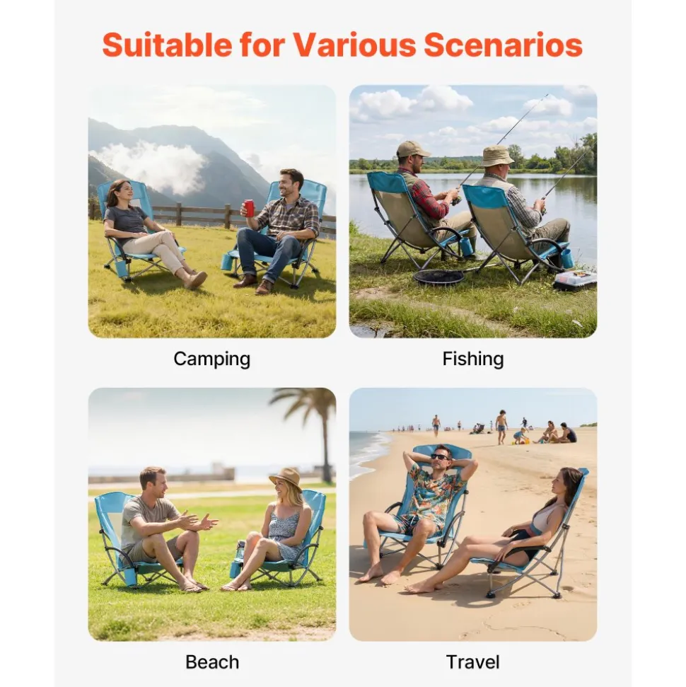 VEVOR Folding Beach Chair, High Back Camping Chairs for Adults, with Cup Pocket, Mesh Back, Carry Bag, Portable Extra Wide Seat Chair 330 lbs Heavy Duty Support, for Outdoor, Camp, Light Blue, 2 Pack