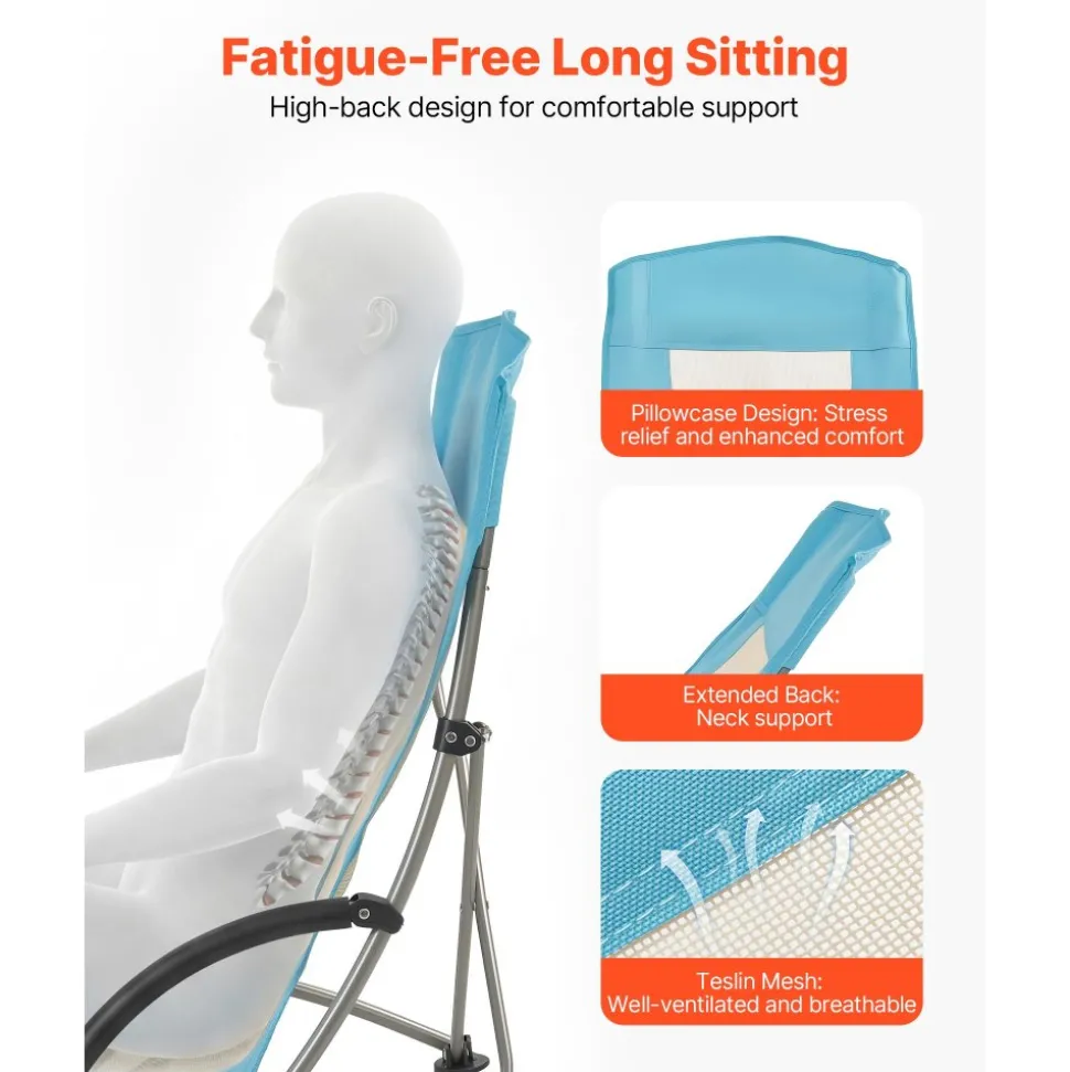 VEVOR Folding Beach Chair, High Back Camping Chairs for Adults, with Cup Pocket, Mesh Back, Carry Bag, Portable Extra Wide Seat Chair 330 lbs Heavy Duty Support, for Outdoor, Camp, Light Blue, 2 Pack