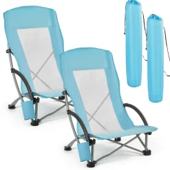 VEVOR Folding Beach Chair, High Back Camping Chairs for Adults, with Cup Pocket, Mesh Back, Carry Bag, Portable Extra Wide Seat Chair 330 lbs Heavy Duty Support, for Outdoor, Camp, Light Blue, 2 Pack