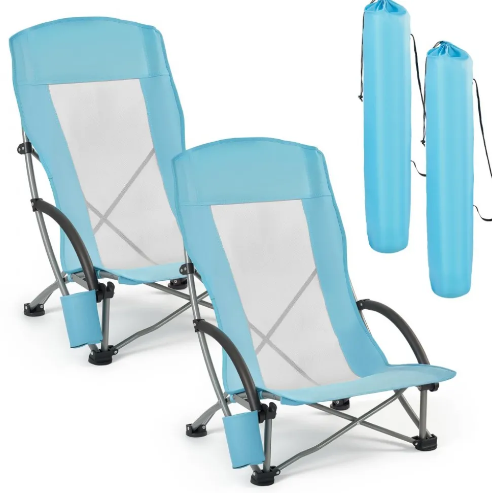 VEVOR Folding Beach Chair, High Back Camping Chairs for Adults, with Cup Pocket, Mesh Back, Carry Bag, Portable Extra Wide Seat Chair 330 lbs Heavy Duty Support, for Outdoor, Camp, Light Blue, 2 Pack