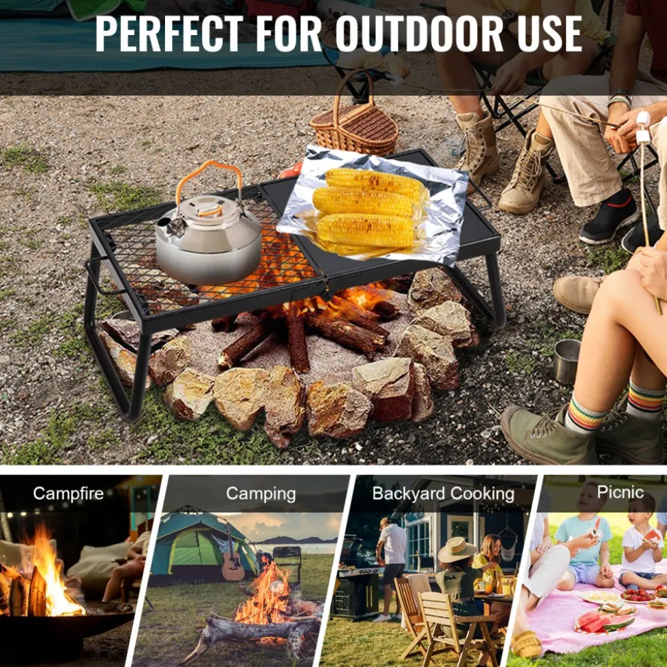 VEVOR Folding Campfire Grill, Heavy Duty Steel Mesh Grate, 22.4" Portable Camping Grates Over Fire Pit, Camp Fire Cooking Equipment with Legs Carrying Bag, Grilling Rack for Outdoor Open Flame Cooking