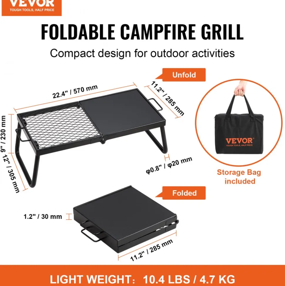 VEVOR Folding Campfire Grill, Heavy Duty Steel Mesh Grate, 22.4" Portable Camping Grates Over Fire Pit, Camp Fire Cooking Equipment with Legs Carrying Bag, Grilling Rack for Outdoor Open Flame Cooking