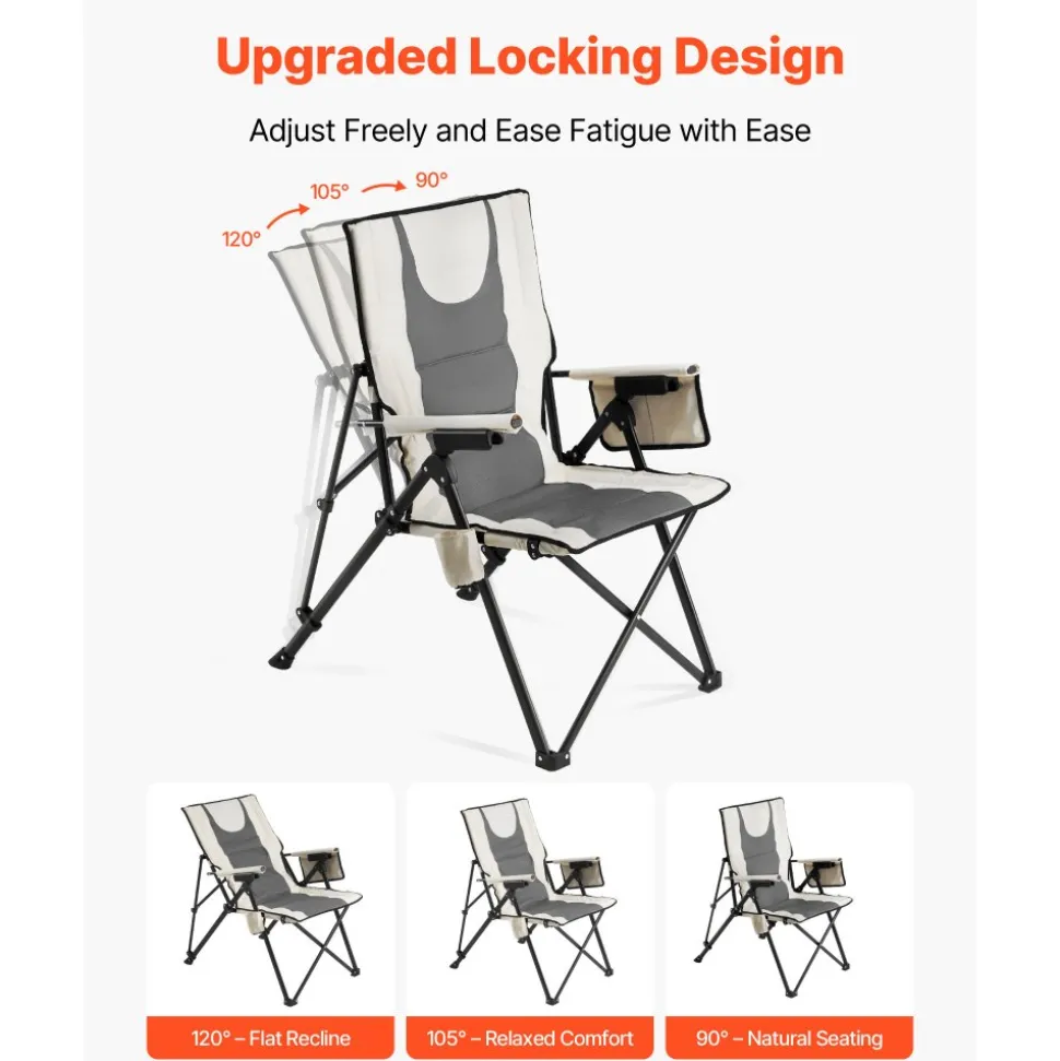 VEVOR Folding Camping Chair, 3 Reclining Positions, Outdoor High Back Camping Chair, 260lbs Weight Capacity, Full Padded Beach Chairs with Armrest & Headrest, Portable Lawn Chairs for Sports Travel