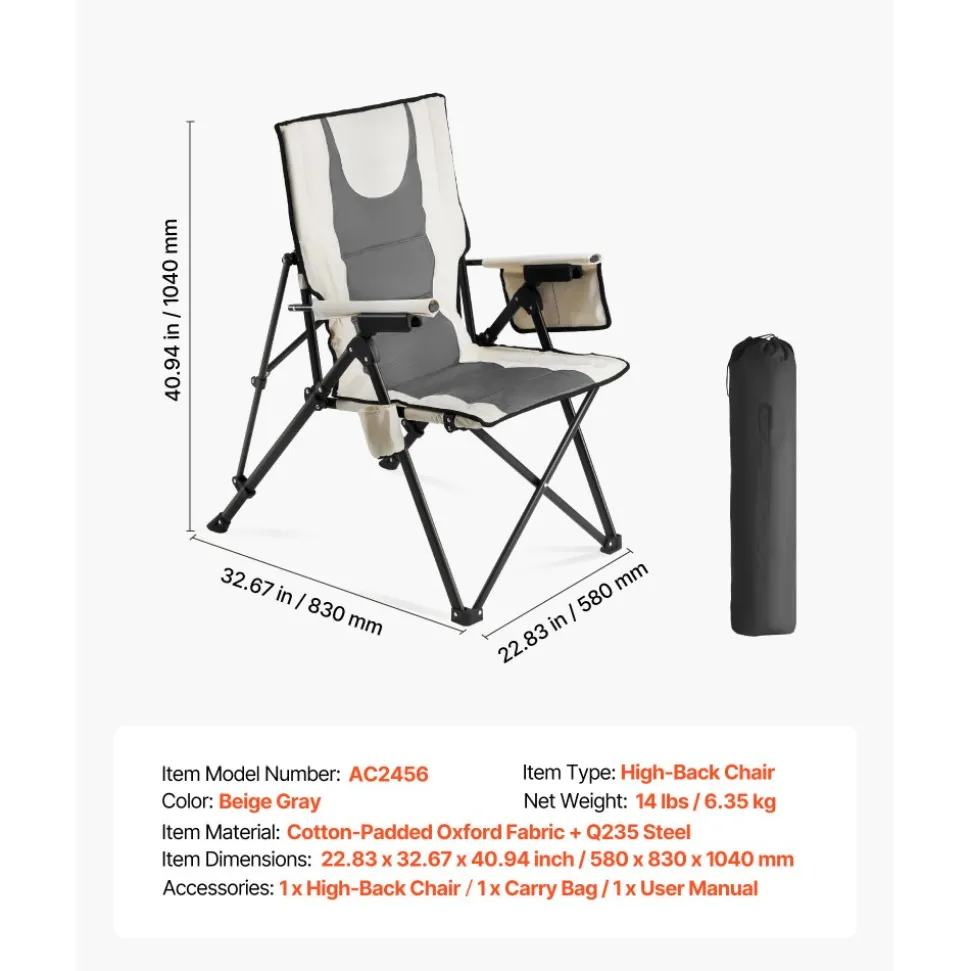 VEVOR Folding Camping Chair, 3 Reclining Positions, Outdoor High Back Camping Chair, 260lbs Weight Capacity, Full Padded Beach Chairs with Armrest & Headrest, Portable Lawn Chairs for Sports Travel
