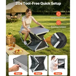 VEVOR Folding Camping Storage Cabinet, Outdoor Portable Aluminum Lightweight Table, Quick Set-up Compact Kitchen Cook Station, with 3 Shelves and Carry Bag, for Picnic, BBQ, Camping, RV Traveling