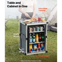 VEVOR Folding Camping Storage Cabinet, Outdoor Portable Aluminum Lightweight Table, Quick Set-up Compact Kitchen Cook Station, with 3 Shelves and Carry Bag, for Picnic, BBQ, Camping, RV Traveling