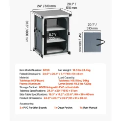 VEVOR Folding Camping Storage Cabinet, Outdoor Portable Aluminum Lightweight Table, Quick Set-up Compact Kitchen Cook Station, with 3 Shelves and Carry Bag, for Picnic, BBQ, Camping, RV Traveling
