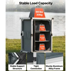 VEVOR Folding Camping Storage Cabinet, Outdoor Portable Aluminum Lightweight Table, Quick Set-up Compact Kitchen Cook Station, with 3 Shelves and Carry Bag, for Picnic, BBQ, Camping, RV Traveling