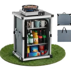 VEVOR Folding Camping Storage Cabinet, Outdoor Portable Aluminum Lightweight Table, Quick Set-up Compact Kitchen Cook Station, with 3 Shelves and Carry Bag, for Picnic, BBQ, Camping, RV Traveling