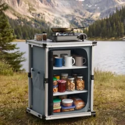 VEVOR Folding Camping Storage Cabinet, Outdoor Portable Aluminum Lightweight Table, Quick Set-up Compact Kitchen Cook Station, with 3 Shelves and Carry Bag, for Picnic, BBQ, Camping, RV Traveling