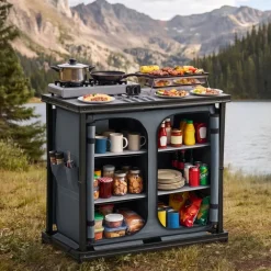 VEVOR Folding Camping Storage Cabinet, Outdoor Portable Aluminum Lightweight Table, Quick Set-up Compact Kitchen Cook Station, with 6 Shelves and Carry Bag, for Picnic, BBQ, Camping, RV Traveling