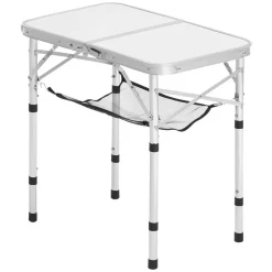 VEVOR Folding Camping Table, Adjustable Height Portable Side Tables, Aluminum MDF Beach Table with Mesh Layer, Carrying Handle, Lightweight Compact for Outdoor Picnic BBQ Cooking, 24x16in, Silver