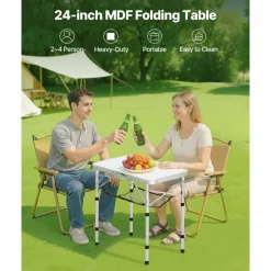 VEVOR Folding Camping Table, Adjustable Height Portable Side Tables, Aluminum MDF Beach Table with Mesh Layer, Carrying Handle, Lightweight Compact for Outdoor Picnic BBQ Cooking, 24x16in, Silver