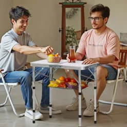 VEVOR Folding Camping Table, Adjustable Height Portable Side Tables, Aluminum MDF Beach Table with Mesh Layer, Carrying Handle, Lightweight Compact for Outdoor Picnic BBQ Cooking, 24x16in, Silver