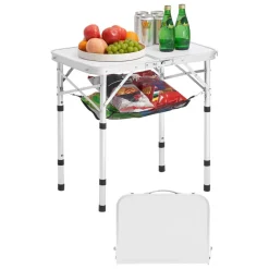 VEVOR Folding Camping Table, Adjustable Height Portable Side Tables, Aluminum MDF Beach Table with Mesh Layer, Carrying Handle, Lightweight Compact for Outdoor Picnic BBQ Cooking, 24x16in, Silver
