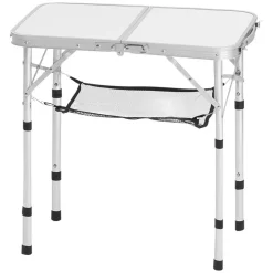 VEVOR Folding Camping Table, Adjustable Height Portable Side Tables, Aluminum MDF Beach Table with Mesh Layer, Carrying Handle, Lightweight Compact for Outdoor Picnic BBQ Cooking, 24x16in, Silver