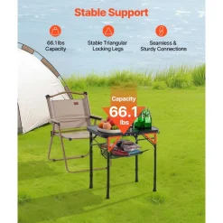 VEVOR Folding Camping Table, Adjustable Height Portable Side Tables, Aluminum MDF Beach Table with Mesh Layer, Carrying Handle, Lightweight Compact for Outdoor Picnic BBQ Cooking, 24x16in, Black