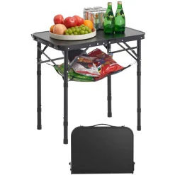 VEVOR Folding Camping Table, Adjustable Height Portable Side Tables, Aluminum MDF Beach Table with Mesh Layer, Carrying Handle, Lightweight Compact for Outdoor Picnic BBQ Cooking, 24x16in, Black
