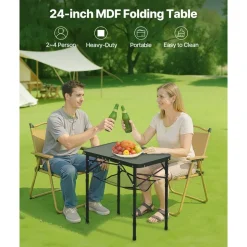 VEVOR Folding Camping Table, Adjustable Height Portable Side Tables, Aluminum MDF Beach Table with Mesh Layer, Carrying Handle, Lightweight Compact for Outdoor Picnic BBQ Cooking, 24x16in, Black