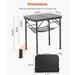 VEVOR Folding Camping Table, Adjustable Height Portable Side Tables, Aluminum MDF Beach Table with Mesh Layer, Carrying Handle, Lightweight Compact for Outdoor Picnic BBQ Cooking, 24x16in, Black