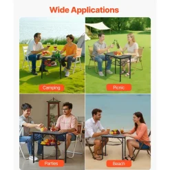 VEVOR Folding Camping Table, Adjustable Height Portable Side Tables, Aluminum MDF Beach Table with Mesh Layer, Carrying Handle, Lightweight Compact for Outdoor Picnic BBQ Cooking, 24x16in, Black