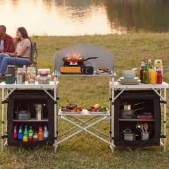 VEVOR Folding Camping Table, Outdoor Portable Aluminum Lightweight Table, Quick Set-up Kitchen Cook Station, with Storage Organizer, Detachable Windscreen, Carrying Bag, Ideal for Picnic BBQ Traveling