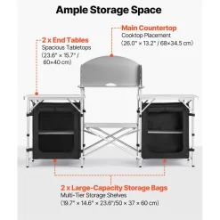 VEVOR Folding Camping Table, Outdoor Portable Aluminum Lightweight Table, Quick Set-up Kitchen Cook Station, with Storage Organizer, Detachable Windscreen, Carrying Bag, Ideal for Picnic BBQ Traveling
