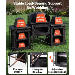 VEVOR Folding Camping Table, Outdoor Portable Table, Quick Set-up Kitchen Cook Station, with Storage Organizer, Telescoping Legs, a Detachable Windscreen, Carrying Bag, for Picnic BBQ RV Traveling