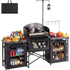 VEVOR Folding Camping Table, Outdoor Portable Table, Quick Set-up Kitchen Cook Station, with Storage Organizer, Telescoping Legs, a Detachable Windscreen, Carrying Bag, for Picnic BBQ RV Traveling