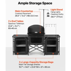 VEVOR Folding Camping Table, Outdoor Portable Table, Quick Set-up Kitchen Cook Station, with Storage Organizer, Telescoping Legs, a Detachable Windscreen, Carrying Bag, for Picnic BBQ RV Traveling