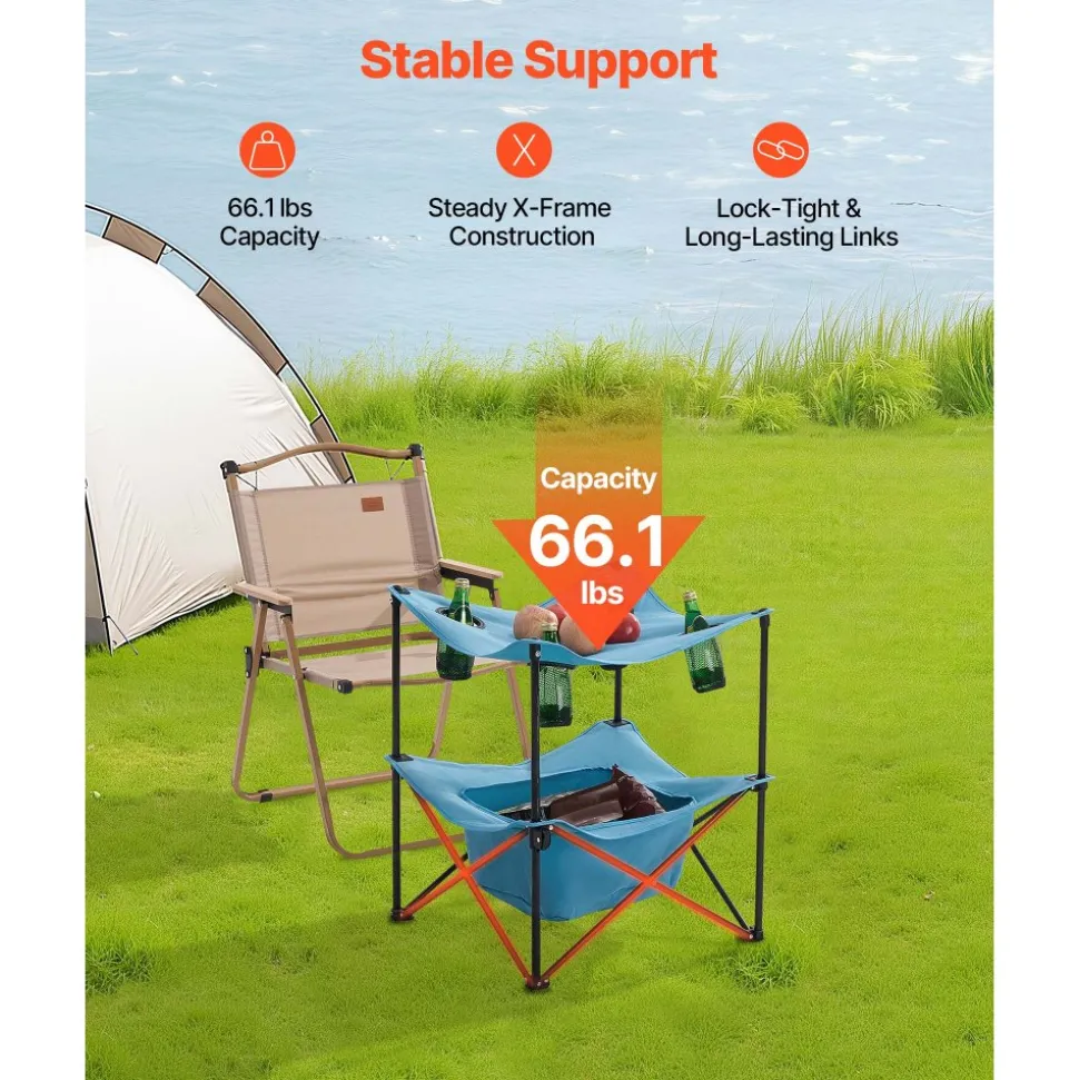 VEVOR Folding Camping Table, Portable Outdoor Lightweight Picnic Table, 600D Oxford Fabric Waterproof Canvas Travel Beach Tables, with 4 Cup Holders, Carry Bag, for Tailgating Camping Picnic, Blue