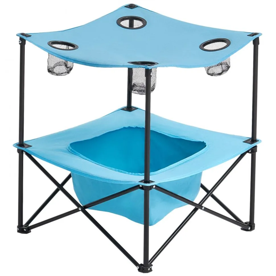 VEVOR Folding Camping Table, Portable Outdoor Lightweight Picnic Table, 600D Oxford Fabric Waterproof Canvas Travel Beach Tables, with 4 Cup Holders, Carry Bag, for Tailgating Camping Picnic, Blue