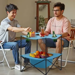 VEVOR Folding Camping Table, Portable Outdoor Lightweight Picnic Table, 600D Oxford Fabric Waterproof Canvas Travel Beach Tables, with 4 Cup Holders, Carry Bag, for Tailgating Camping Picnic, Blue