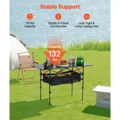 VEVOR Folding Camping Table, Portable Roll Up Side Tables, Lightweight Aluminum Beach Table with Adjustable Height, Large Storage Bag and Carry Bag, For Outdoor BBQ Tailgating Picnic, Travel, Black