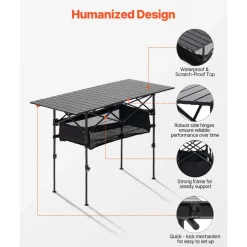 VEVOR Folding Camping Table, Portable Roll Up Side Tables, Lightweight Aluminum Beach Table with Adjustable Height, Large Storage Bag and Carry Bag, For Outdoor BBQ Tailgating Picnic, Travel, Black