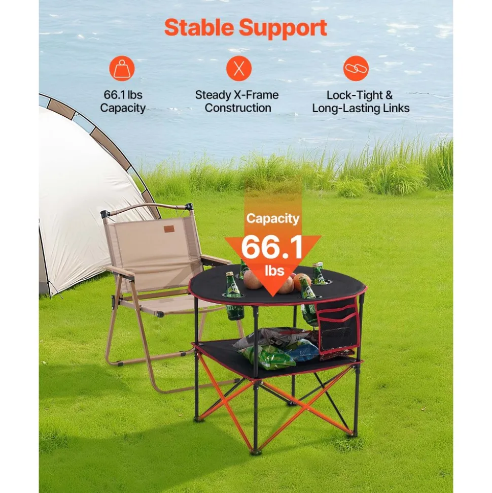 VEVOR Folding Camping Table, Portable Outdoor Lightweight Picnic Table, 600D Oxford Fabric Waterproof Canvas Travel Beach Tables, with 4 Cup Holders, Carry Bag, for Tailgating Camping Picnic, Black