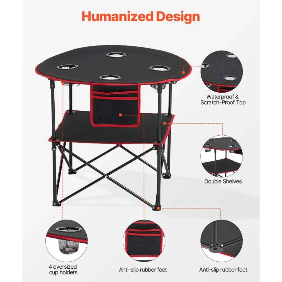 VEVOR Folding Camping Table, Portable Outdoor Lightweight Picnic Table, 600D Oxford Fabric Waterproof Canvas Travel Beach Tables, with 4 Cup Holders, Carry Bag, for Tailgating Camping Picnic, Black