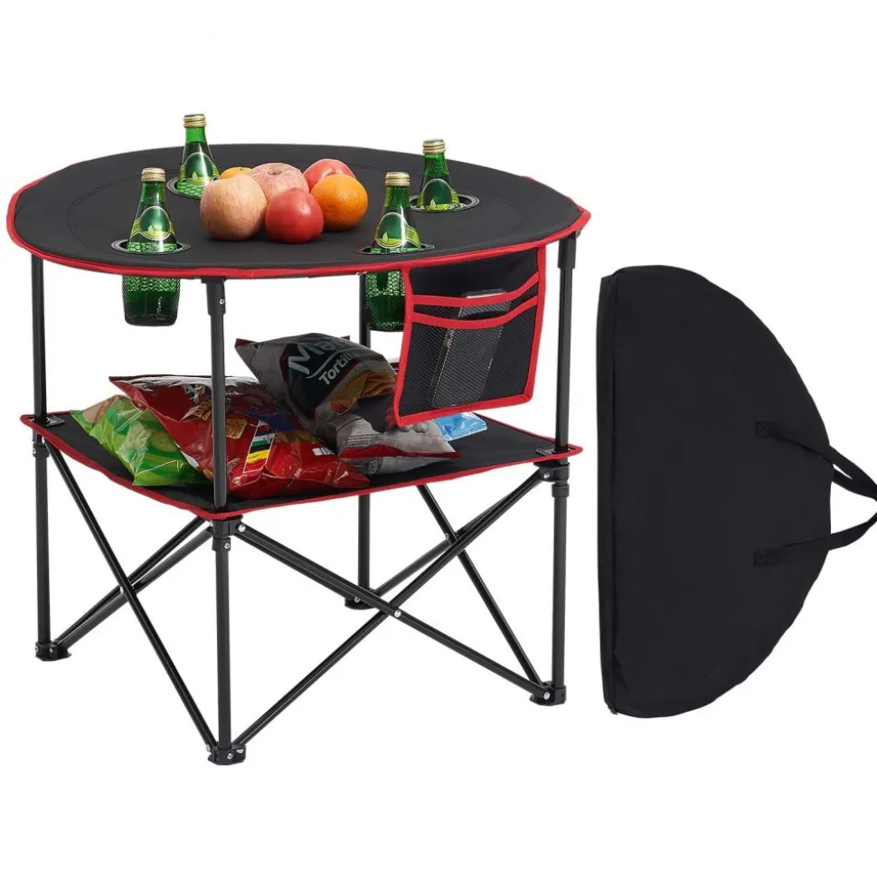 VEVOR Folding Camping Table, Portable Outdoor Lightweight Picnic Table, 600D Oxford Fabric Waterproof Canvas Travel Beach Tables, with 4 Cup Holders, Carry Bag, for Tailgating Camping Picnic, Black